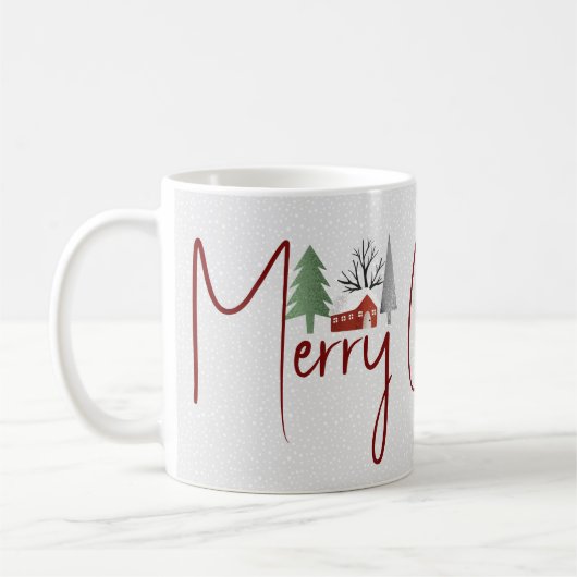 冬の景色、木メリークリスマスタイポグラフィ コーヒーマグカップ (左)