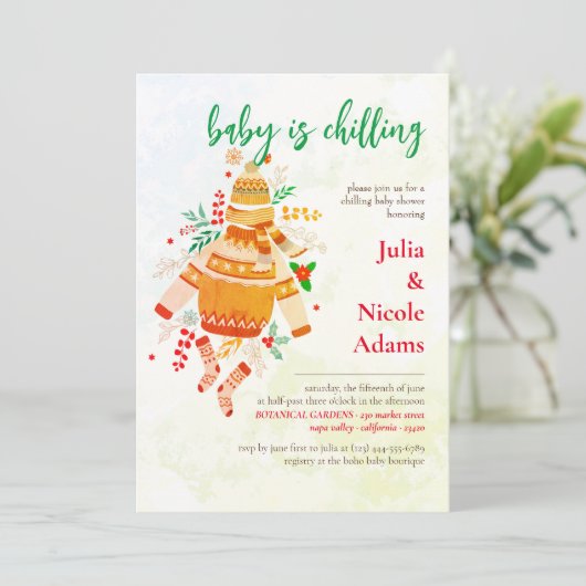 冬の暖かい服かわいい赤ちゃんシャワー 招待状 (スタンド正面)