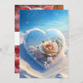 冬の暖かさ：雪のフローラハート結婚 招待状 (正面/裏面)
