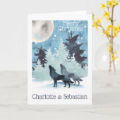 冬の月と遠吠えする2匹のオオカミのクリスマス カード (黄色い花)