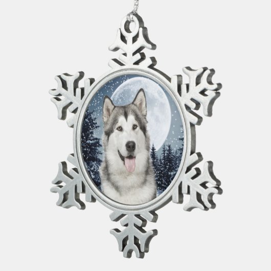 冬の月のハスキーなクリスマスのオーナメント スノーフレークピューターオーナメント (右)