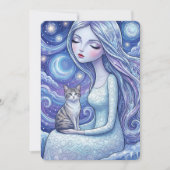 冬の月の乙女と銀の猫の幻想芸術カード 招待状 (正面)