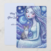 冬の月の乙女と銀の猫の幻想芸術カード 招待状 (正面/裏面)