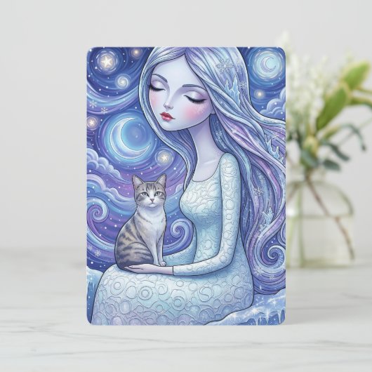 冬の月の乙女と銀の猫の幻想芸術カード 招待状 (スタンド正面)