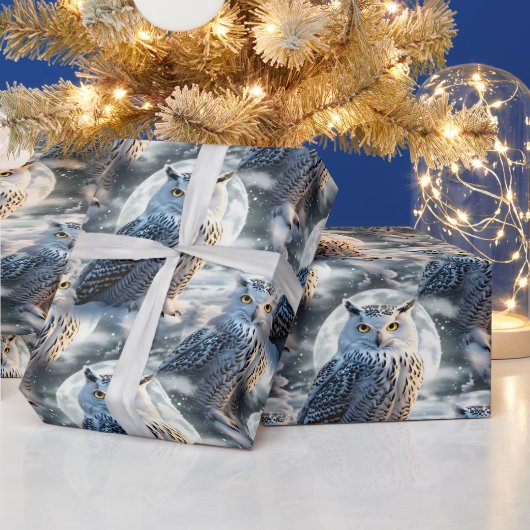 冬の月明かりに浮かぶシロフクロウ ラッピングペーパー (クリスマス)