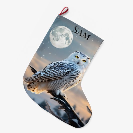 冬の月明かりの中でスノーフクロウ ラージクリスマスストッキング (正面 (吊り時))