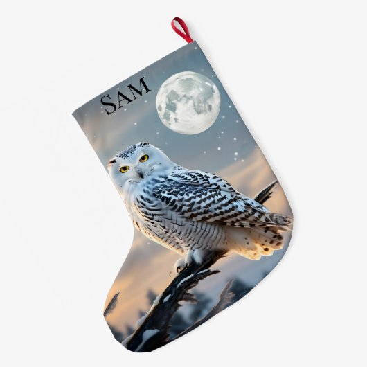 冬の月明かりの中でスノーフクロウ ラージクリスマスストッキング (裏面 (吊り時))