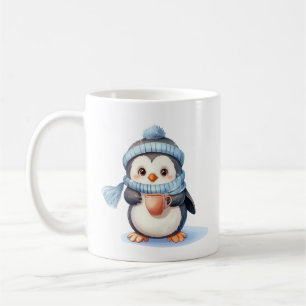冬の服とカップを持つかわいいペンギン コーヒーマグカップ