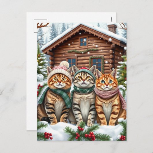 冬の服と名門私立校風の帽子の冬のタビー猫 シーズンポストカード (正面/裏面)