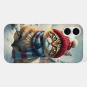 冬の服と名門私立校風の帽子を着たタビー猫 iPhoneケース (裏面横)
