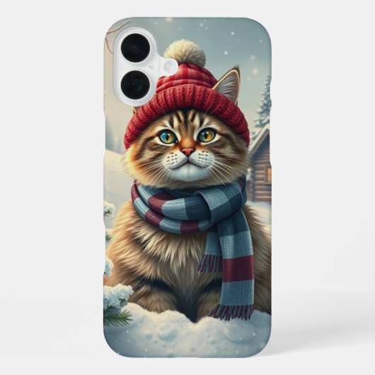 冬の服と名門私立校風の帽子を着たタビー猫 iPhoneケース (裏面)