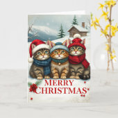 冬の服名門私立校風の装と帽子のクリスマスの猫 カード (黄色い花)