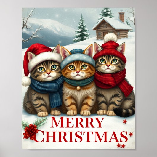 冬の服名門私立校風の装と帽子のクリスマスの猫 ポスター (正面)