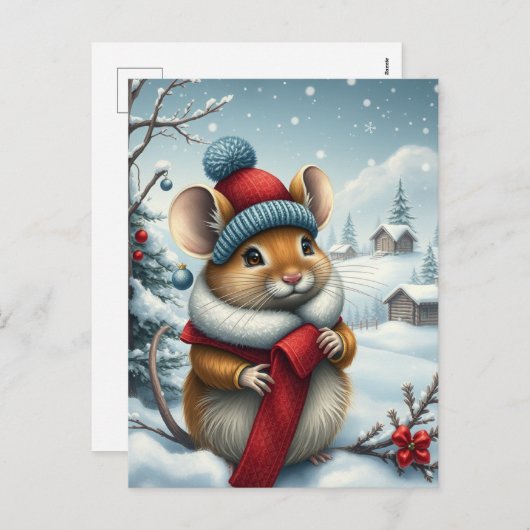 冬の服装と名門私立校風の帽子の冬にかわいいネズミ シーズンポストカード (正面/裏面)