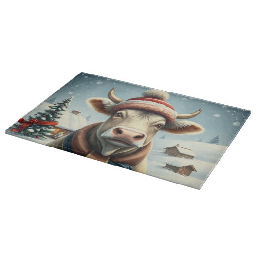 冬の服装と名門私立校風の帽子の冬の農場の牛 カッティングボード (角)