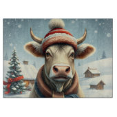 冬の服装と名門私立校風の帽子の冬の農場の牛 カッティングボード (正面)