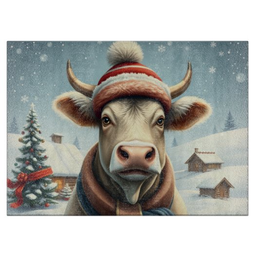 冬の服装と名門私立校風の帽子の冬の農場の牛 カッティングボード (正面)