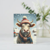 冬の服装と名門私立校風の帽子の冬の農場の牛 シーズンポストカード (スタンド正面)