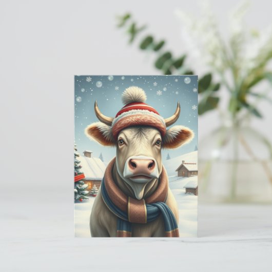 冬の服装と名門私立校風の帽子の冬の農場の牛 シーズンポストカード (スタンド正面)