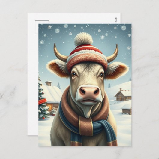 冬の服装と名門私立校風の帽子の冬の農場の牛 シーズンポストカード (正面/裏面)