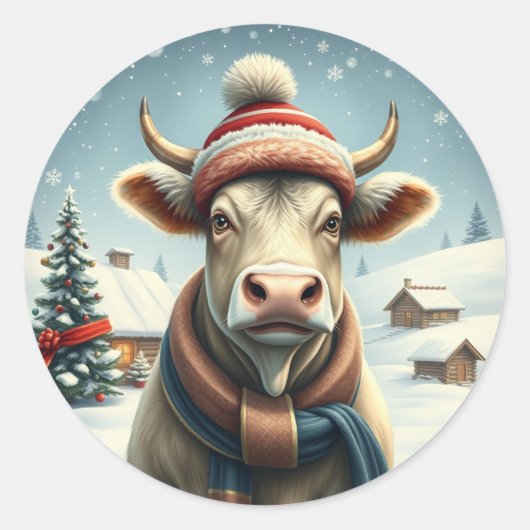 冬の服装と名門私立校風の帽子の冬の農場の牛 ラウンドシール (正面)