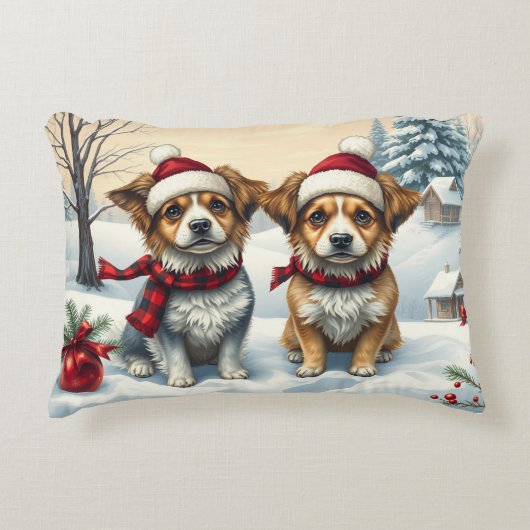 冬の服装名門私立校風のと帽子の冬の小犬 アクセントクッション (正面)