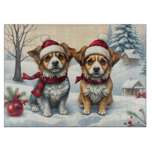 冬の服装名門私立校風のと帽子の冬の小犬 カッティングボード (正面)