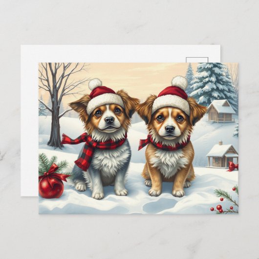 冬の服装名門私立校風のと帽子の冬の小犬 ポストカード (正面/裏面)
