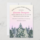 冬の朝の森 水彩画 ピンクの松の木 招待状 (正面)