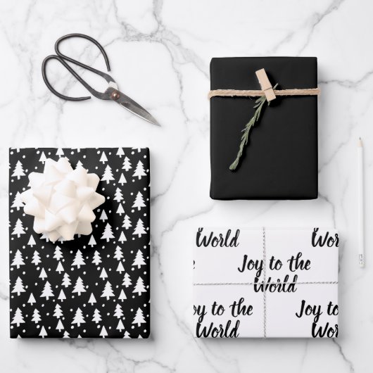 冬の木々の白黒雪の喜び世界 ラッピングペーパーシート (正面)