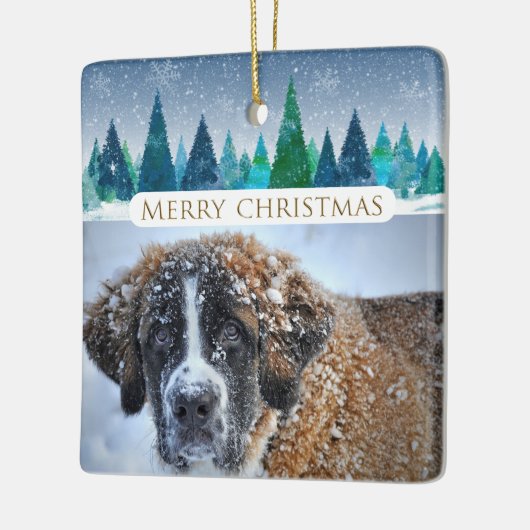 冬の木々カスタムの犬の写真メリークリスマス セラミックオーナメント (左)