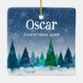 冬の木々カスタムの犬の写真メリークリスマス セラミックオーナメント (裏面)