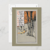 冬の木とオレンジスカイヴィンテージ新年 シーズンポストカード (正面/裏面)