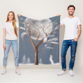 冬の木とバニーのスノーフクロウ フリースブランケット