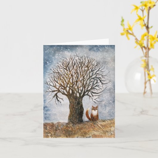 冬の木と狐 カード (黄色い花)