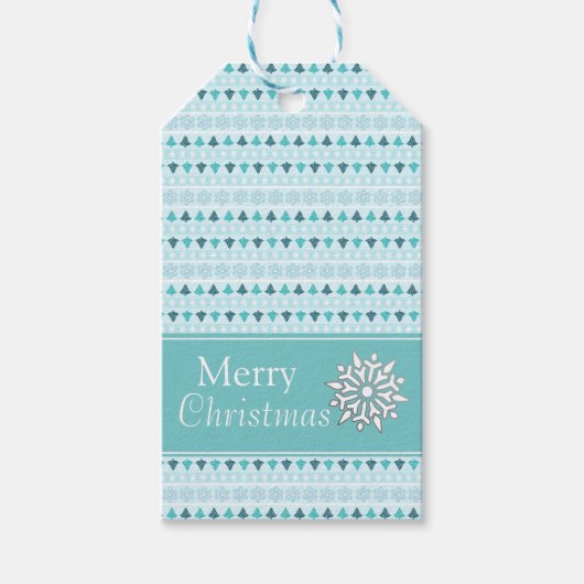 冬の木と雪の結晶パターンブルー ギフトタグ (正面)