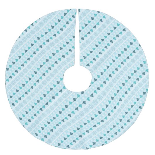 冬の木と雪の結晶パターンブルー ブラッシュドポリエステルツリースカート (正面)