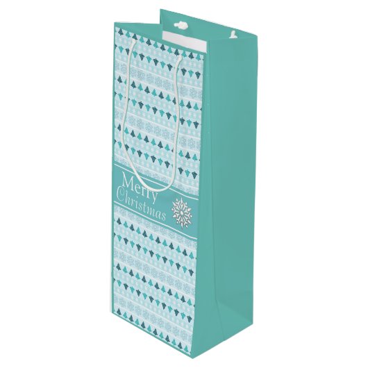 冬の木と雪の結晶パターンブルー ワインギフトバッグ (正面アングル)