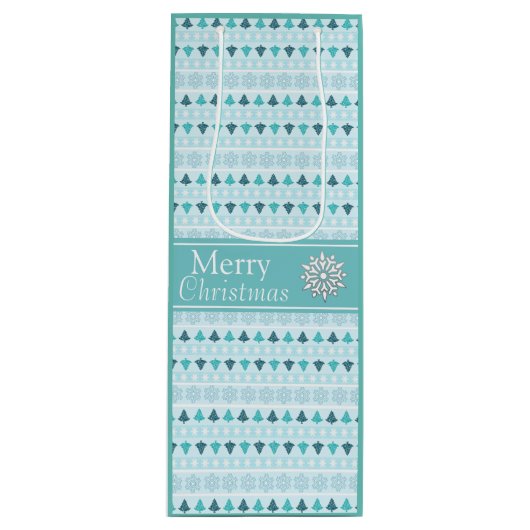 冬の木と雪の結晶パターンブルー ワインギフトバッグ (正面)