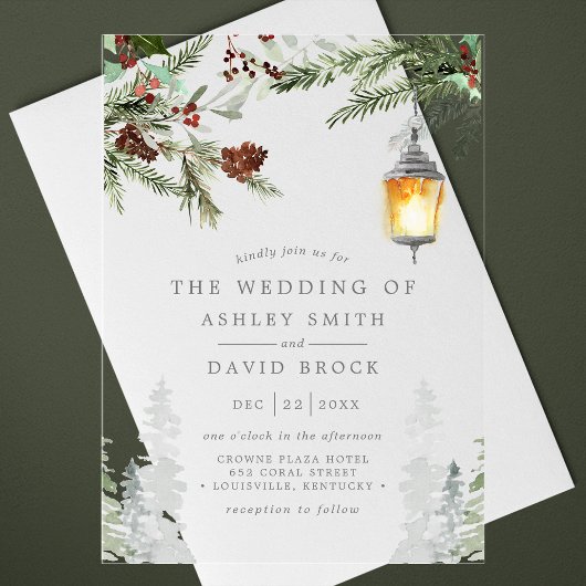 冬の木のぬくもりと優雅さを感じる ウインターリュスティックパイン ツリー ボタニカル ランタン ウェ アクリル招待状