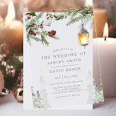 冬の木のぬくもりと優雅さを感じる ウインターリュスティックパイン ツリー ボタニカル ランタン ウェ アクリル招待状