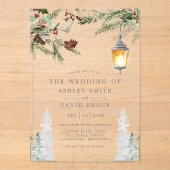 冬の木のぬくもりと優雅さを感じる ウインターリュスティックパイン ツリー ボタニカル ランタン ウェ アクリル招待状 (正面)