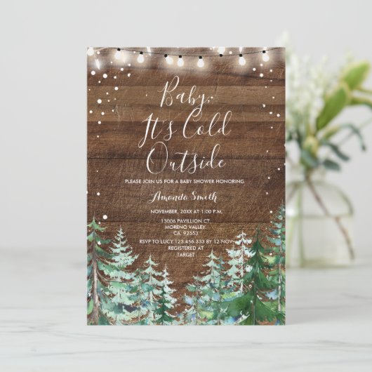 冬の木のベビーベビーシャワー外は寒い 招待状 (スタンド正面)