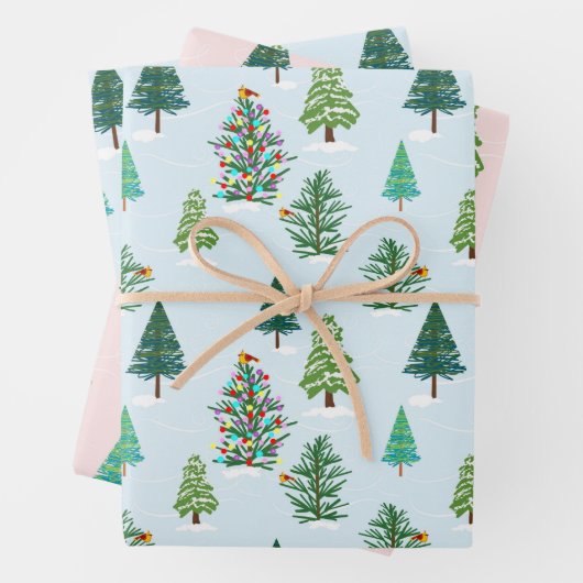 冬の木の休日のトリオのギフトラップ ラッピングペーパーシート (インサイチュ)