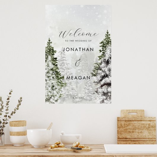 冬の木の休日の結婚歓迎の兆候 ポスター (キッチン)