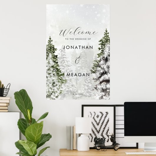 冬の木の休日の結婚歓迎の兆候 ポスター (ホームオフィス)