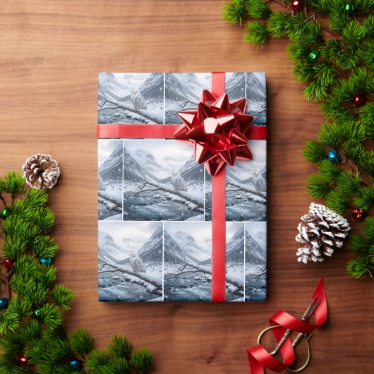 冬の木の枝に止まるシロフクロウ ラッピングペーパー (クリスマスギフト)