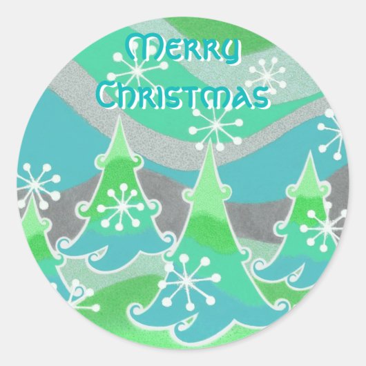 冬の木の緑の「メリークリスマス」ラウンドステッカー ラウンドシール (正面)