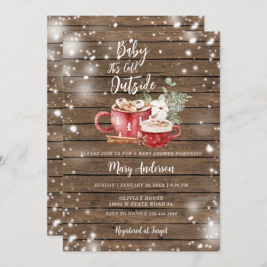 冬の木の赤ちゃん素朴シャワー外は寒い 招待状 (正面/裏面)