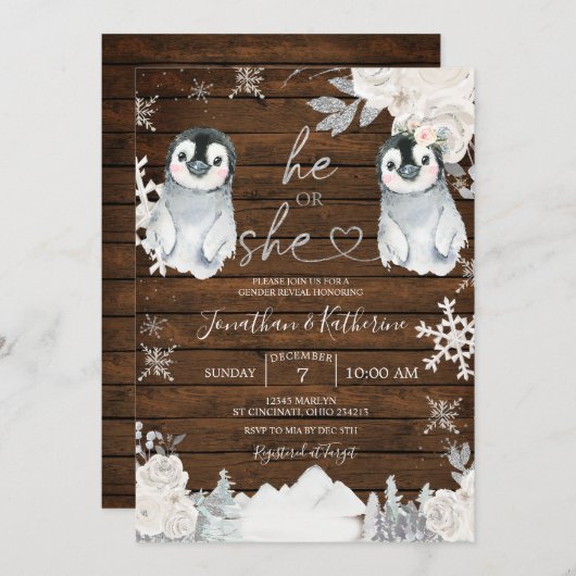 冬の木ペンギン性別が彼または彼女を明らかにする 招待状 (正面/裏面)